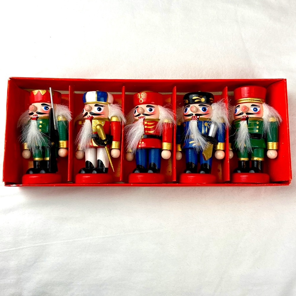 Box set of 5 short squatty army wooden nutcracker Holiday Christmas Decor